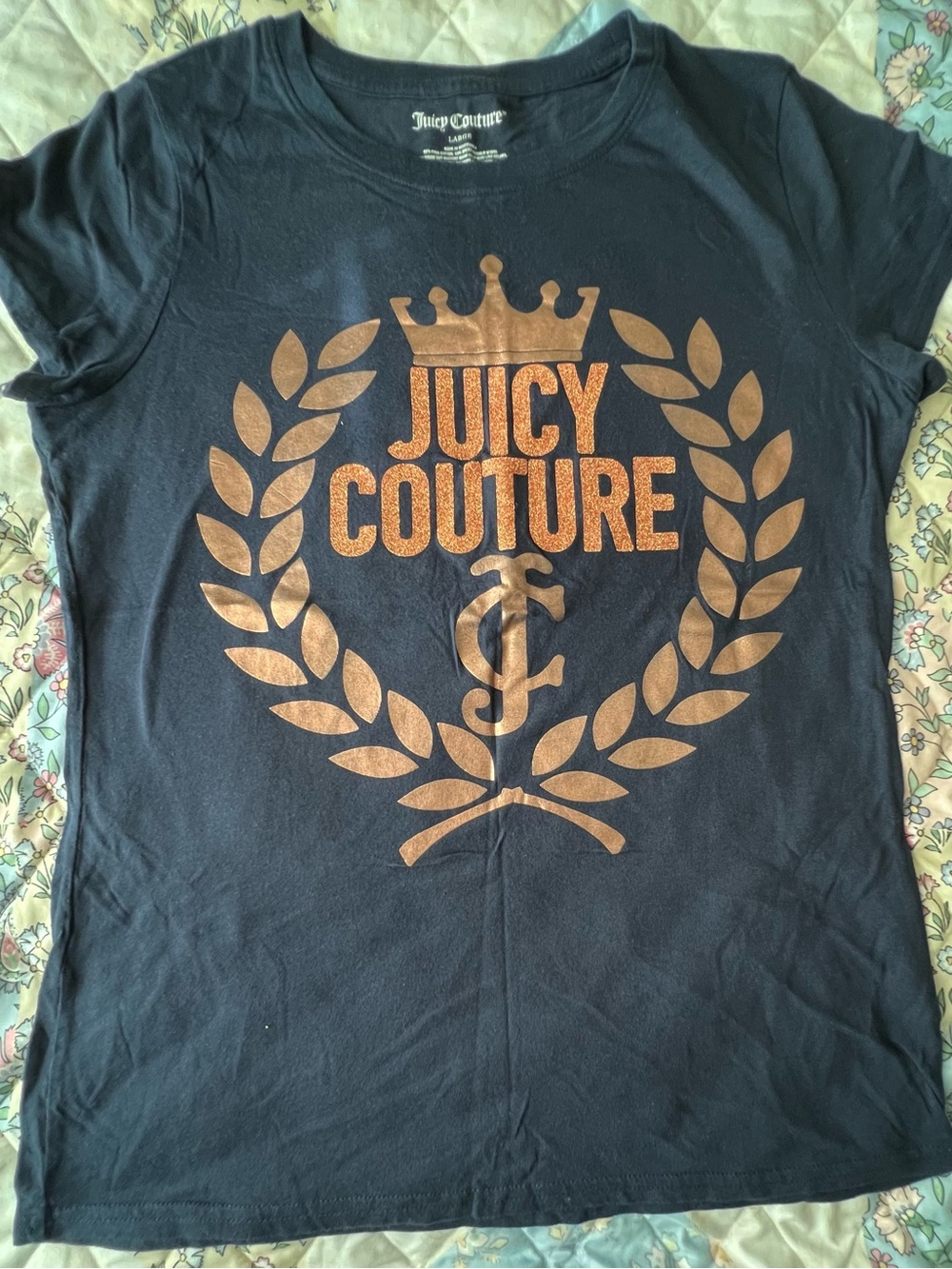 Juicy Couture Black Tee with Metallic Copper Crest
